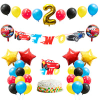 OSNIE 43Pcs Race Car 2nd Birthday Party Decorations Supplies Kit- Gold Number 2 Foil Balloons, Latex Balloons, Pre-Assembled Banner, Felt Cake Topper, Race Car Theme Party Supplies for Two Year Old