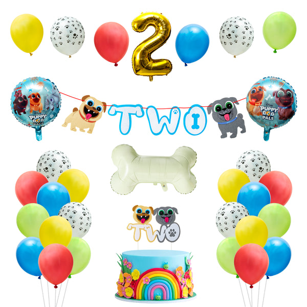 OSNIE Puppy Dog 2nd Birthday Party Decorations Supplies Kit – Gold Number 2 Foil Balloons, Latex Balloons, Pre-Assembled Banner, Felt Cake Topper, Great Puppy Dog Theme Party Supplies for Two Year Old