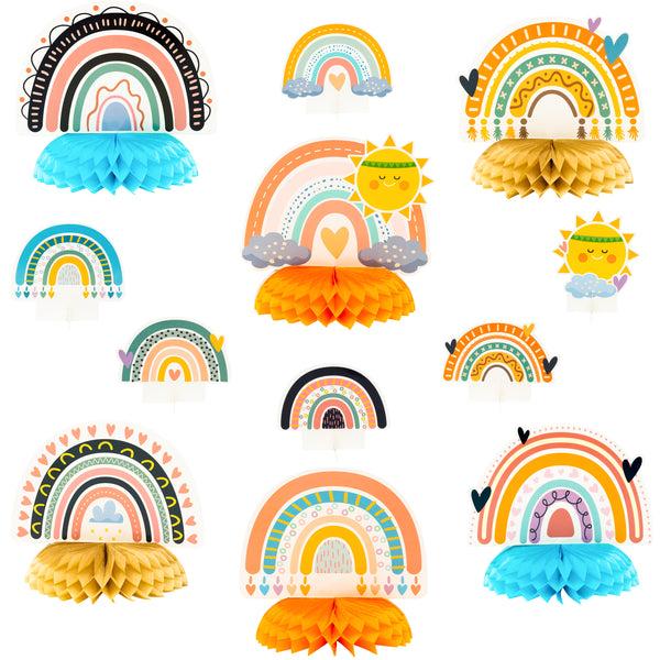 OSNIE 12Pcs Boho Rainbow Honeycomb Centerpieces Table Toppers Colorful Bohemian Rainbow Theme Party Decorations Supplies Photo Props for Neutral Baby Shower Kids Birthday Nursery Decor