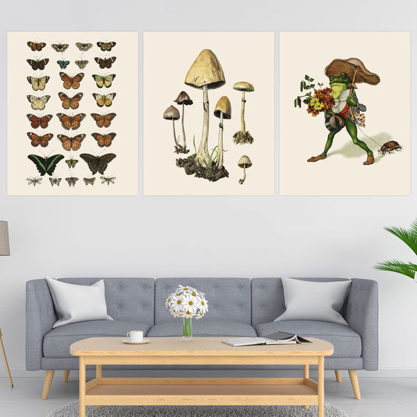 OSNIE 3 Packs Vintage Tapestry Wall Hanging Cottagecore Butterfly Mushroom Frog Wall Blankets Vertical Tapestry Retro Indie Aesthetic Wall Art Decor Set for Bedroom Living Room (19.7 x 15.7 Inch)