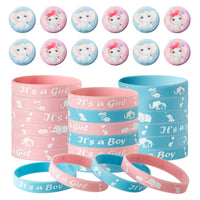 OSNIE 48 Packs of Elephant Gender Reveal Bracelets and Button Pins Set, Pink and Blue Rubber Wristbands and Metal Badge Pins for Baby Shower Team Boy Team Girl Gender Reveal Party Favors Supplies