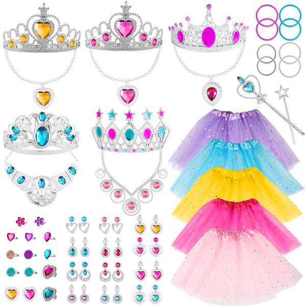 OSNIE 63Pcs Princess Pretend Jewelry Toy Girls Toys Play Set Crowns Wands Necklaces Bracelets Adjustable Rings Earrings Ballet Tutu Skirts Princess Dress Up Birthday Party Favors for Little Girls Kids