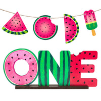 OSNIE Watermelon One Letter Sign Wooden Table Centerpieces with Hanging Banner One in a Melon Party Decor for Baby Boy Girl Summer Fruit Theme 1st Birthday Milestone Baby Shower Cake Smash Photo Prop