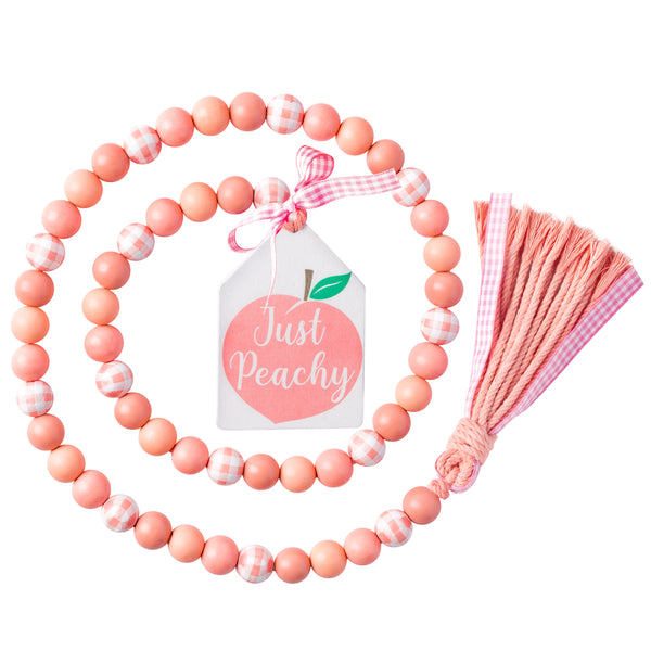 OSNIE Pink Peach Wood Bead Garland Farmhouse Rustic Wooden Beads with Tassels Just Peachy Tag Decorative Buffalo Plaid Boho Prayer Beads for Summer Peach Party Home Wall Hanging Tiered Tray Decor