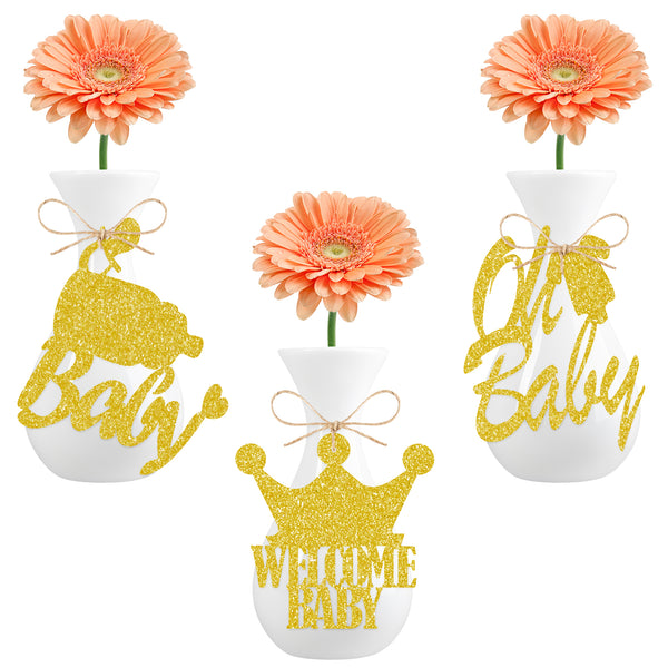 OSNIE 24 Pcs Oh Baby Centerpiece Tags Gold Glitter Cutouts Signs Mason Jars Tags with Burlap String Gender Reveal Neutral Baby Shower Table Decorations Welcome Baby Party Supplies for Boys and Girls