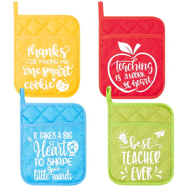 OSNIE 4Pcs Teacher Appreciation Pot Holders Heat Resistant Microwave Oven Mitt Potholders with Hand Pocket Hanging Loop Machine Washable Hot Pads Set End of The Year Teacher Gift for Cooking Baking