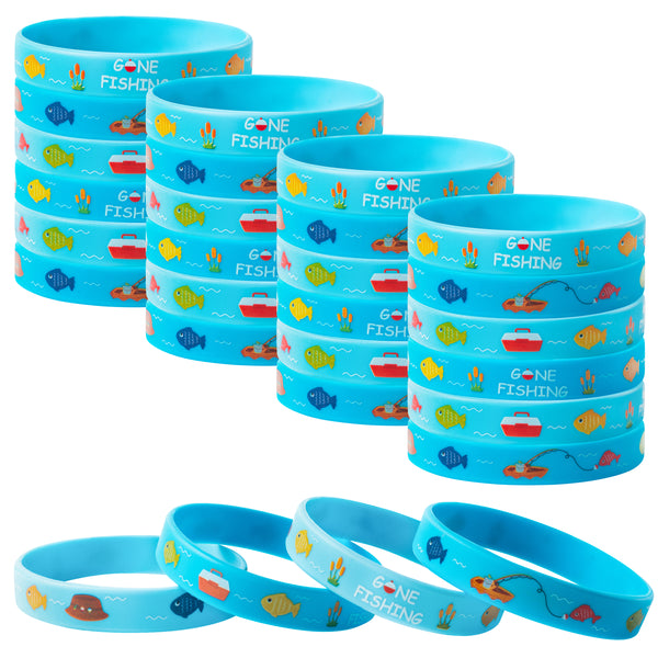 OSNIE 24Pcs Gone Fishing Themed Party Favors Silicone Bracelets Non-Toxic Hypoallergenic Lightweight Stretch Rubber Wristbands Under the Sea Ocean life Party Supplies Prize Rewards Gift for Kids