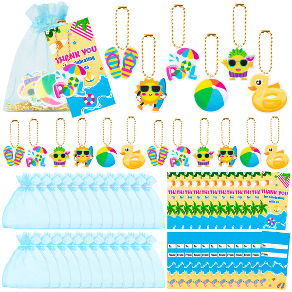 OSNIE Summer Pool Party Favors Include Beach Ball Flip Flops Mini Duck Keychain Organza Bags Thank Tags Hawaii Party Supplies for Splish Splash Birthday Pool Party Baby Shower Rewards Gifts, 24 Sets