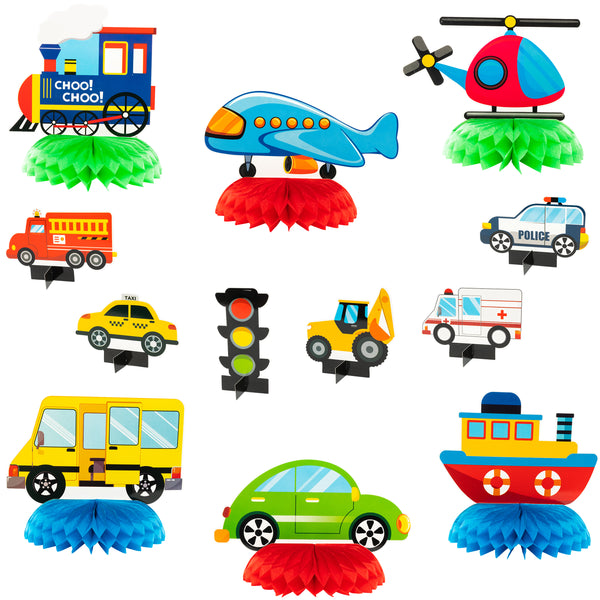 OSNIE 12Pcs Transport Theme Honeycomb Centerpieces Table Topper Double Side Cardstock Transportation Birthday Party Supplies Vehicle Traffic Photo Booth Prop Baby Shower Table Decoration for Kids Boys