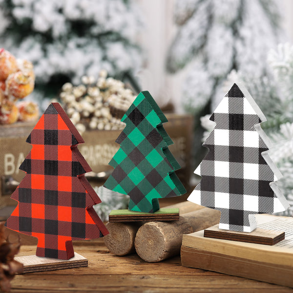 OSNIE 3 Pieces Christmas Tree Buffalo Plaid Tiered Tray Decor Xmas Freestanding Wooden Table Signs Reversible Rustic Wood Centerpiece Tabletop for Christmas Holiday Farmhouse Home Party Decorations