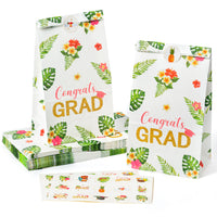 OSNIE 24Pcs Congrats GRAD Party Favors Bags with Stickers Hawaii Tropical Aloha Snacks Candy Party Supplies Summer Flowers Palm Leaves Paper Gift Bags for College Prom 2023 Celebrate Graduation Party