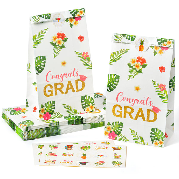 OSNIE 24Pcs Congrats GRAD Party Favors Bags with Stickers Hawaii Tropical Aloha Snacks Candy Party Supplies Summer Flowers Palm Leaves Paper Gift Bags for College Prom 2023 Celebrate Graduation Party