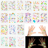 OSNIE 18 Sheets of Unicorn Luminous Temporary Tattoos for Kids, Glow In the Dark Cartoon Unicorn Animal Tattoos, Non-Duplicate Waterproof Fake Tattoo Stickers for Glow Party Favors Goodie Bag Fillers