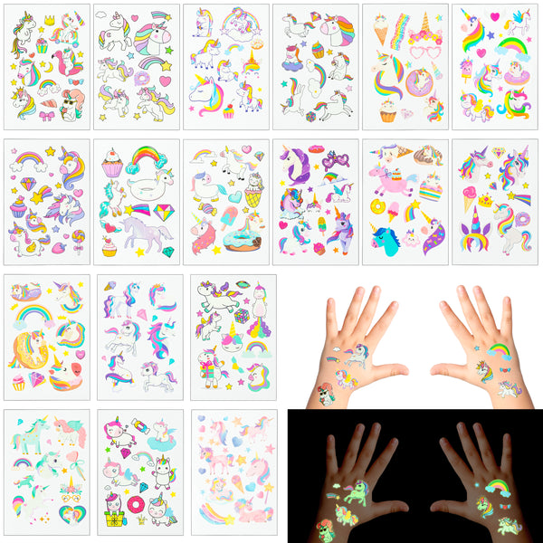 OSNIE 18 Sheets of Unicorn Luminous Temporary Tattoos for Kids, Glow In the Dark Cartoon Unicorn Animal Tattoos, Non-Duplicate Waterproof Fake Tattoo Stickers for Glow Party Favors Goodie Bag Fillers