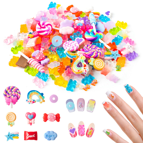 OSNIE 200 Pcs 3D Nail Charms Flatback Resin Slime Charms Mixed Gummy Bear Fake Candy Jelly Embellishments Nail Art Decoration Christmas Easter DIY Crafts for Scrapbooking Cell Phone Case Hair Clips