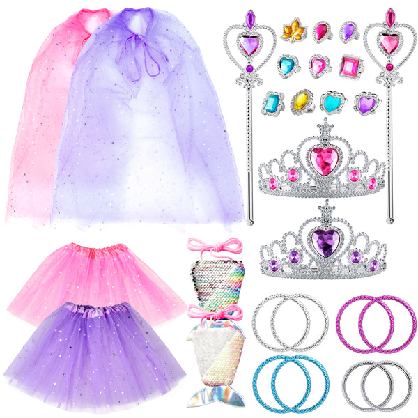 OSNIE 28Pcs Princess Pretend Jewelry Toy, Girl’s Jewelry Dress Up Play Set Cloak Ballet Tutu Skirts Crowns Wands Mermaid handbag Adjustable Rings Bracelets Dress Up Birthday Gift Party Favors for Kids