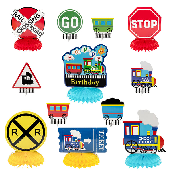 OSNIE 12Pcs Railroad Train Crossing Theme Honeycomb Centerpieces Party Decorations Supplies Railway Steam Train Traffic Sign Happy Birthday Table Topper Choo Choo Train Party Favors Photo Booth Prop