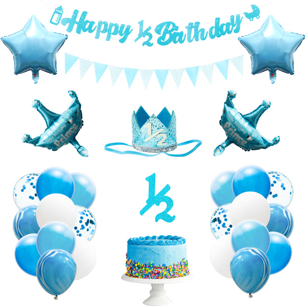 OSNIE Half Year Birthday Decorations Kit - Happy 1/2 Birthday Banner, Triangle Flag Banner, Party Hat, Cake topper, Foil Latex Balloons for 6 Months Birthday Party Baby Shower Decorations (Blue)