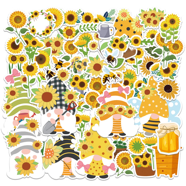 OSNIE 130Pcs Sunflower Gnomes Stickers Décor Honey Jar Bumblebee Daisies Window Stickers Summer Holidays Decals for Home Garden Office Birthday Anniversary Party Supplies Classroom Rewards, 16 Sheets