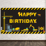 OSNIE Construction Site Theme Banner Happy Birthday Photography Backdrop Excavator Dump Truck Digger Fabric Photo Background Studio Wall Table Decoration Supplies for Kids Boys Birthday (6.6 x 3.8Ft)