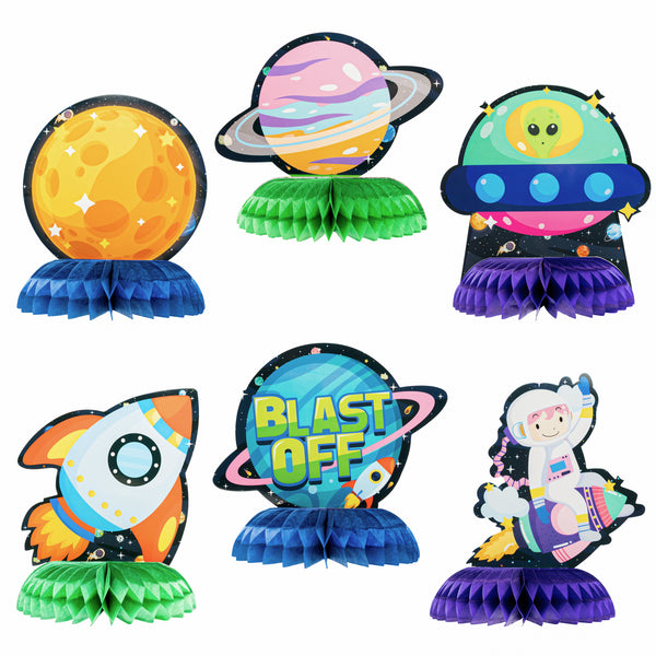 OSNIE 6 Pcs Outer Space Honeycomb Centerpieces Table Toppers, Blast Off to Outer Space Decor Solar System Galaxy Planets Rocket Themed Party Favor Supplies Photo Booth Props for Kid's Birthday