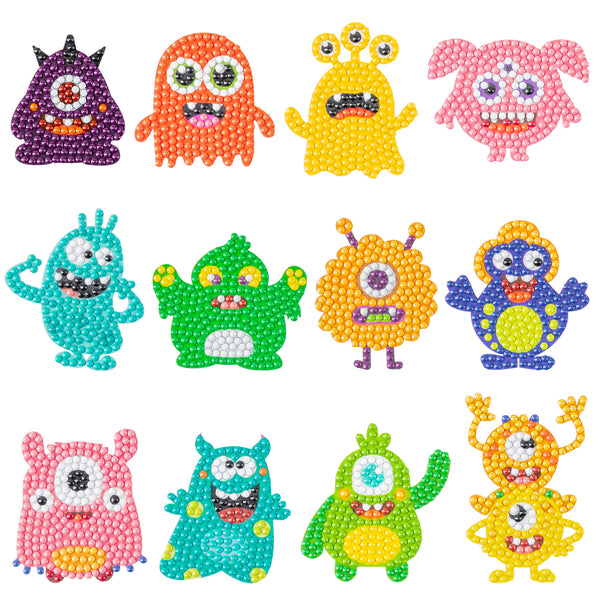 OSNIE 12 Pcs Monster 5D Diamond Painting Stickers Kits for Kids and Adult Beginners, Creative Resin Rhinestone DIY Handmade Paint by Numbers Mosaic Stickers Art Crafts for Monster Themed Party Favors