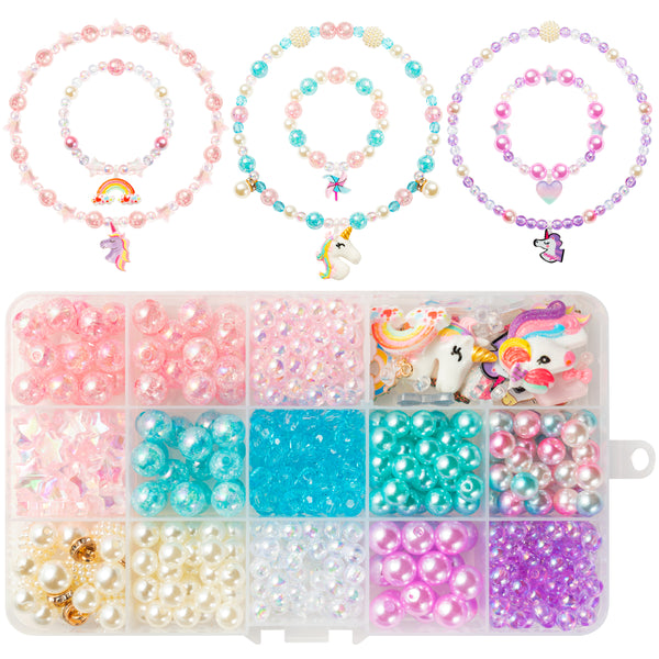 OSNIE Unicorn DIY Bead Jewelry Making Kit for Kids Girls with Unicorn Rainbow Heart Bow-Knot Lollipop Crown Key Charms Beads for Bracelets Rings Necklaces Creativity Beading Kits Art Craft, 400Pcs+