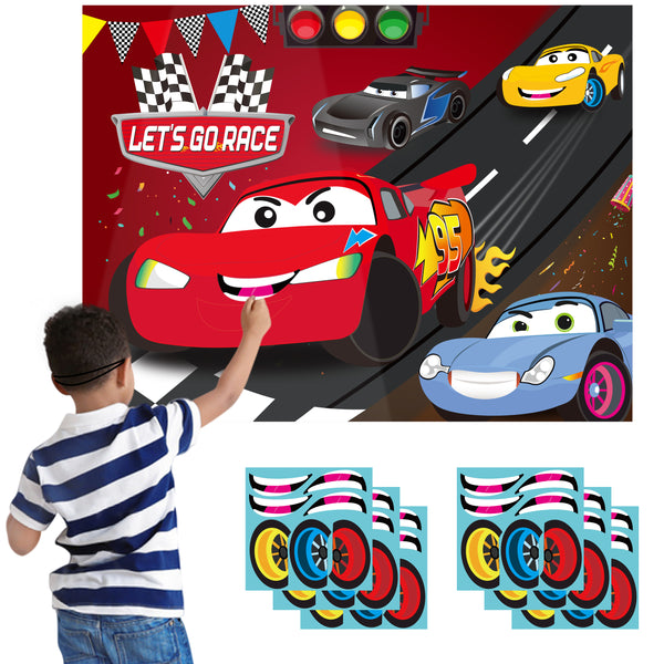 OSNIE Race Car Party Games, Pin the Wheel and Smile on the Car, Large Poster with Blindfolds and Stickers, Let’s Go Racing Themed Party Decorations Family Game Activities for Kids Birthday Baby Shower