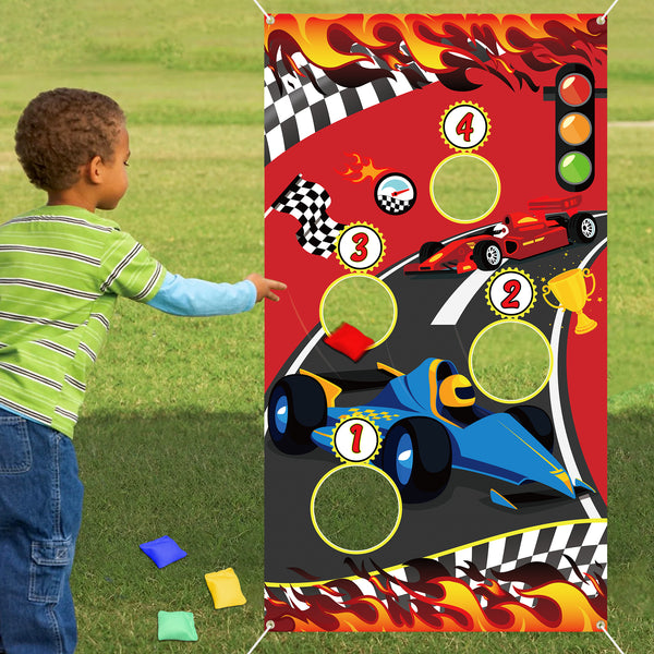 OSNIE Racing Car Toss Game Banner with 4 Bean Bags, Indoor Outdoor Party Throwing Game , Checkered Toss Game for Go Racing Theme Birthday Party Activities Decoration Set for Kids and Adults