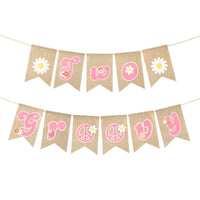 OSNIE Two Groovy Burlap Banner Garland Pink Retro Hippie Pre-strung Swallowtail Hanging Banner Daisy Flower Groovy Peace Sign Boho Girl Party Decorations Photo Props for Baby Girls Second Birthday