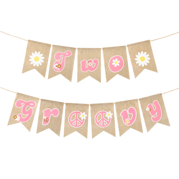 OSNIE Two Groovy Burlap Banner Garland Pink Retro Hippie Pre-strung Swallowtail Hanging Banner Daisy Flower Groovy Peace Sign Boho Girl Party Decorations Photo Props for Baby Girls Second Birthday