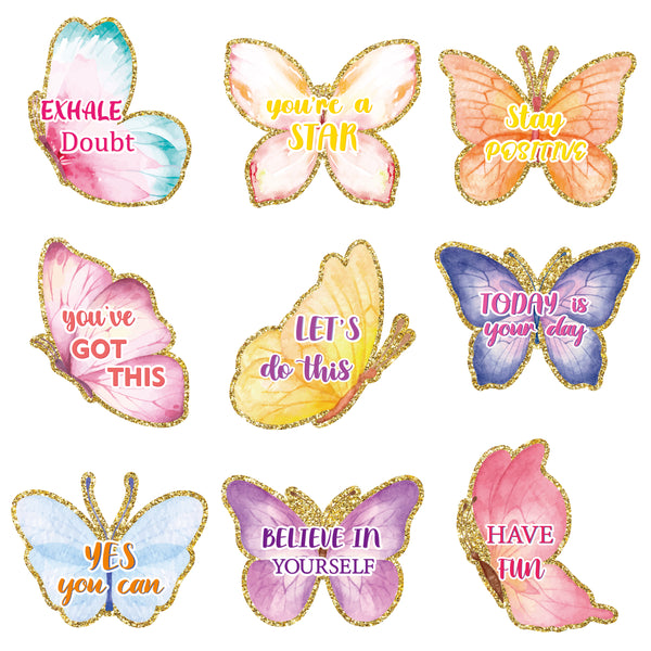 OSNIE 63Pcs Watercolor Butterfly Spring Positive Sayings Cutouts Bulletin Board Decoration Inspirational Motivational Aesthetic Wall Decals Creative Back to School Educational Materials for Classroom