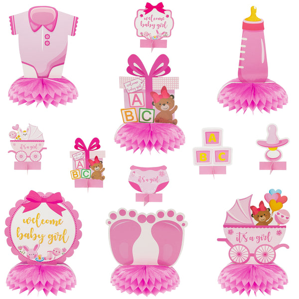 OSNIE 12Pcs It's a Girl Baby Shower Themed Honeycomb Centerpieces Table Topper for Baby Girls Welcome Baby Cutouts Gender Reveal Party Decorations Newborn Baby Party Favors Photo Booth Props (Pink)