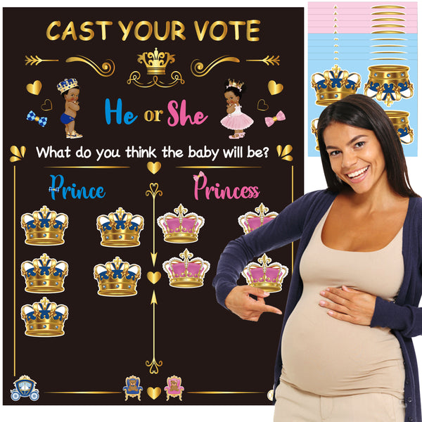 OSNIE African American Baby Gender Reveal Party Games Cast Your Vote Royal Little Prince Princess Gender Reveal Poster with Crown Voting Stickers for Black Boys Girls Baby Shower Party Decor Supplies