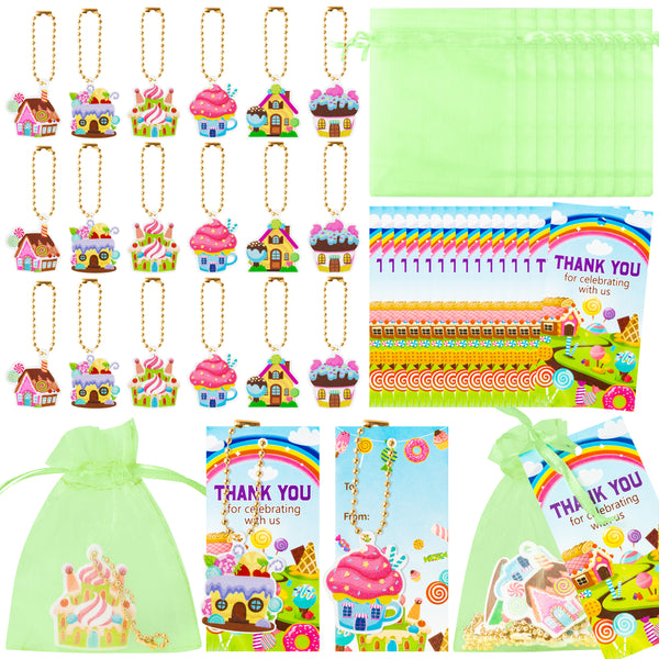 OSNIE 24 Sets Candyland Party Favors Include Acrylic Keychains Organza Bags Thank You Kraft Tags Candy Land Cupcake Party Supplies for School Rewards Birthday Bridal Wedding Baby Shower Return Gifts