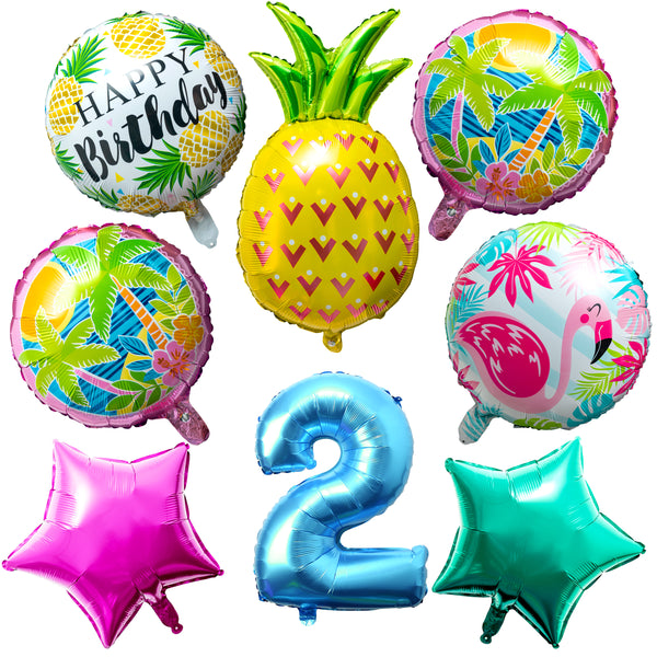 OSNIE Hawaiian Balloons Party Decorations for 2nd Birthday, 8 Pcs Giant Foil Mylar Balloons Pineapple Flamingo Palm Tree Leaves Tiki Summer Beach Pool Aloha Tropical Luau Party Decorations Supplies