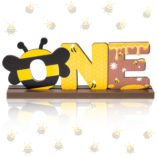 OSNIE Bumble Bee ONE Wooden Letter Sign Table Centerpieces Sweet Bee Party Decor for Baby Boys Girls Summer Honey Bee Theme 1st Birthday Milestone Baby Shower Cake Smash Photo Props for One Year Old