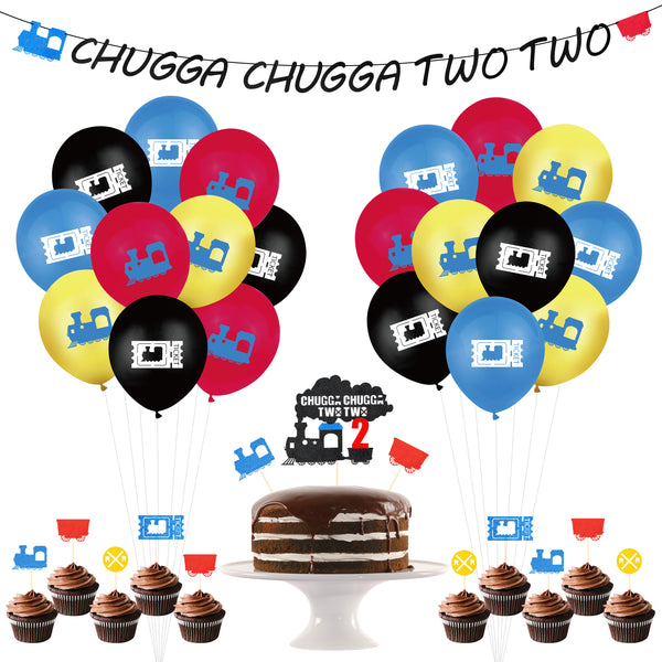 OSNIE Steam Train 2nd Birthday Party Decoration Supplies Chugga Chugga Two Two Birthday Party Banner Choo Choo Railroad Crossing Ticket Latex Balloons Cake Toppers for Kids Boys Two Years Old Birthday