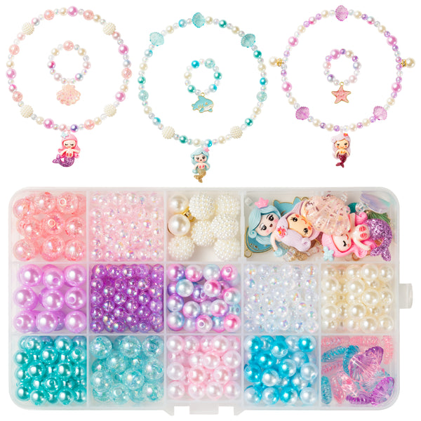 OSNIE Mermaid DIY Bead Jewelry Making Kit for Kids Girls with Jellyfish Shark Heart Starfish Shell Sailboat Pearl Charms Beads for Bracelets Rings Necklaces Creativity Beading Kits Art Craft, 400Pcs+