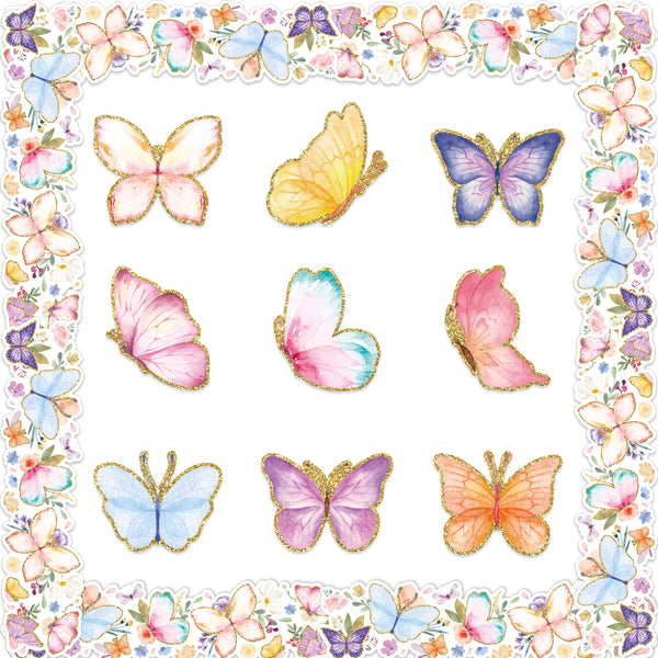 OSNIE 72Pcs Butterfly Cutouts Bulletin Board Decor Set Watercolor Butterfly Aesthetic Wall Decals Scalloped Chalkboard Border Trim Bulletin Cardboard for Classroom School Baby Shower Party Supplies