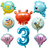OSNIE 9 Pcs Ocean Theme Balloons Party Decorations for 3rd Birthday, Giant Mylar Foil Ocean Animals with Crab Shell Hippocampus Pufferfish Octopus Shark for Undersea Theme Party Supplies Baby Shower