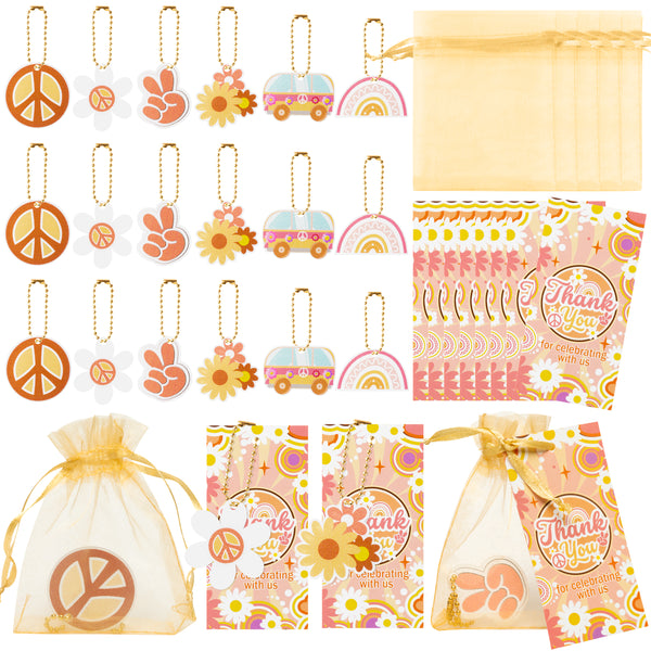OSNIE Groovy Retro Hippie Party Favors Include Keychains Organza Bags Thank You Kraft Tags Boho Daisy Rainbow Peace Party Supplies for School Rewards Bridal Wedding Baby Shower Return Gifts, 24 Sets