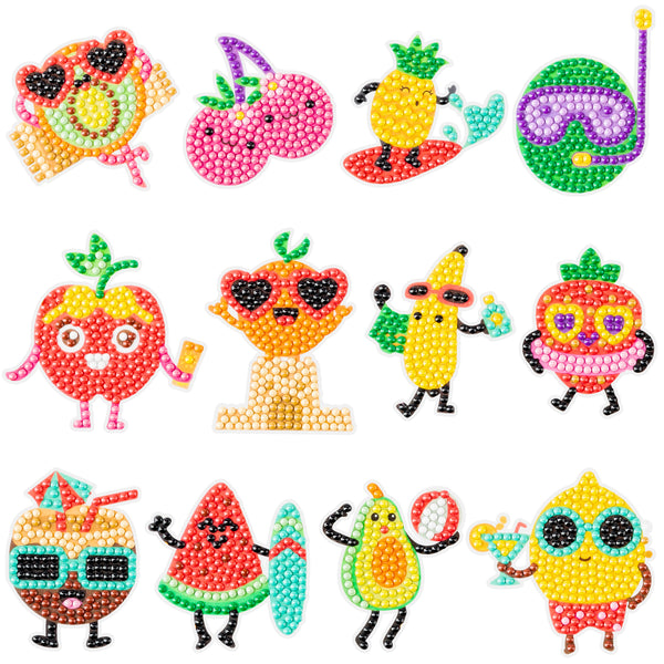 OSNIE 12Pcs Fruit 5D Diamond Painting Stickers, Summer Fruit Diamonds Mosaic Stickers Kits for Kids and Adult Beginners, DIY Creative Resin Rhinestone Handmade Paint by Numbers Art Craft Gifts Set