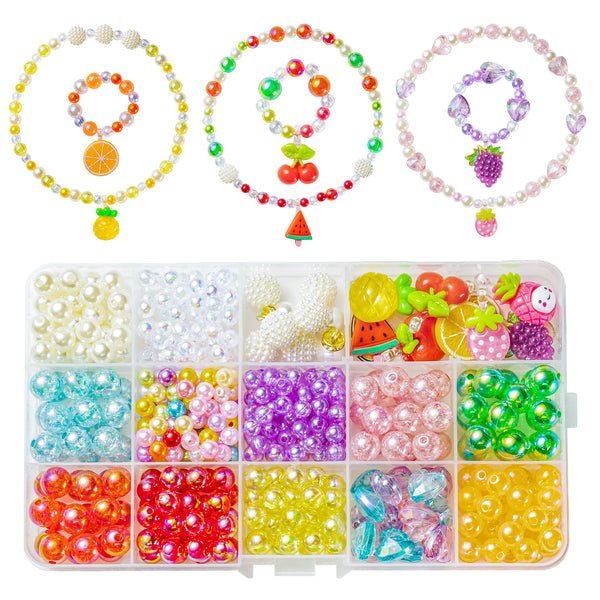 OSNIE Summer Fruit DIY Bead Jewelry Making Kit for Kids Girls Watermelon Strawberry Orange Pineapple Cherry Grape Apple Peach Avocado Charms Beads for Bracelets Rings Necklaces Beading Kits 400Pcs+