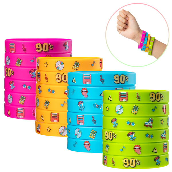 OSNIE 24 Pcs 1990s Themed Party Favors Silicone Bracelets Non-Toxic Hypoallergenic 90s Lightweight Stretch Rubber Wristbands for I Love 90s Back To The 90s Party Supplies Gift for Men Women Guests