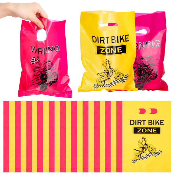 OSNIE 60 Packs Dirt Bike Party Favors Bags Plastic Candy Goodie Bags Loot Gift Bags with Handle for Checkered Motorcycle Motocross Racing Theme Birthday Wedding Party Baby Shower Decorations Supplies