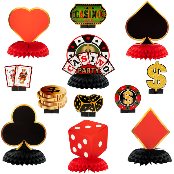 OSNIE 12Pcs Casino Theme Honeycomb Centerpieces Table Toppers Red and Black Poker Party Supplies Decoration Las Vegas Gambling Playing Card Table Decor Photo Prop for School Birthday Casino Game Night