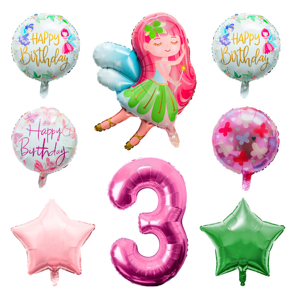 OSNIE Fairy Balloons Party Decorations for 3rd Birthday, 8 Pcs Giant Fairy Star Round Shaped Number Three Foil Mylar Helium Balloons, Fairy Princess Party Decorations Supplies Baby Shower for Baby Girls