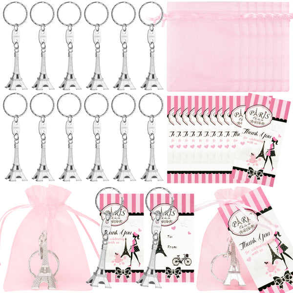 OSNIE Paris Party Favors Include Paris Tower Keychains Organza Bags Thank You Kraft Tags Girl Dream Party In Paris Party Supplies for School Rewards Bridal Wedding Baby Shower Return Gifts, 24 Sets
