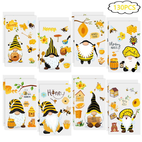 OSNIE 130 Pieces Honey Bee Gnome Stickers Décor Sunflower Honey Jar Bumblebee Mushroom Removable Window Stickers Decals for Home Office Birthday Anniversary Party Supplies Classroom Rewards, 16 Sheets